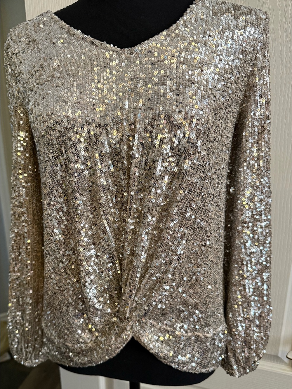 Cable & Gauge Silver Sequin Twist-Front V-Neck Top